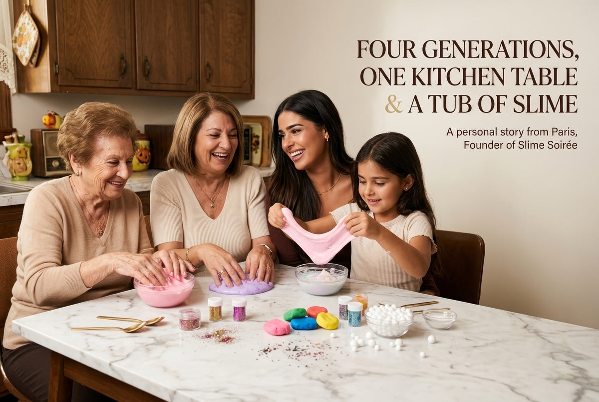 Four generations of women making slime together at a kitchen table