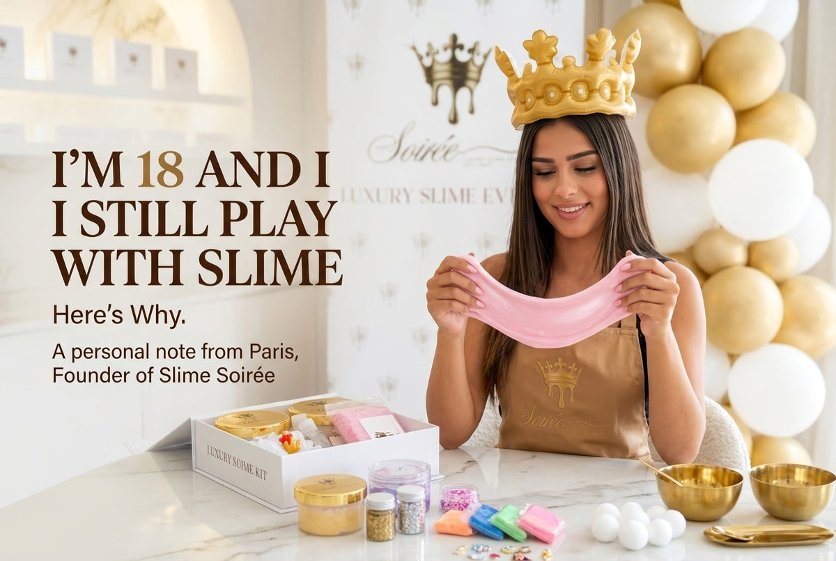 Paris, founder of Slime Soiree, in a gold crown stretching pink slime beside a luxury slime kit