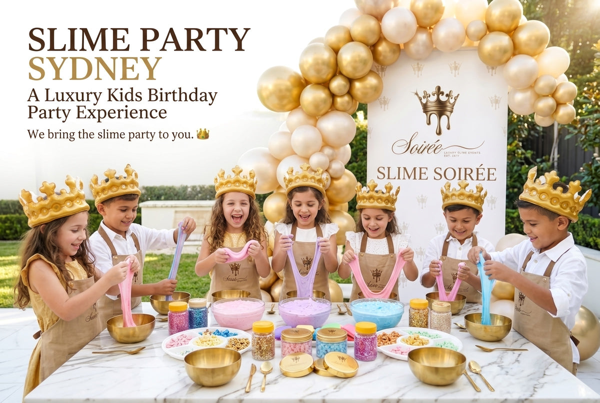 Seven children in gold crowns stretching slime at a luxury Slime Soiree birthday party in Sydney