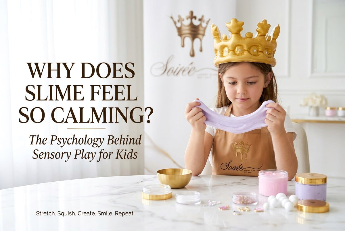 Why Does Slime Feel So Calming? A girl in a gold crown stretching lilac slime at a marble table