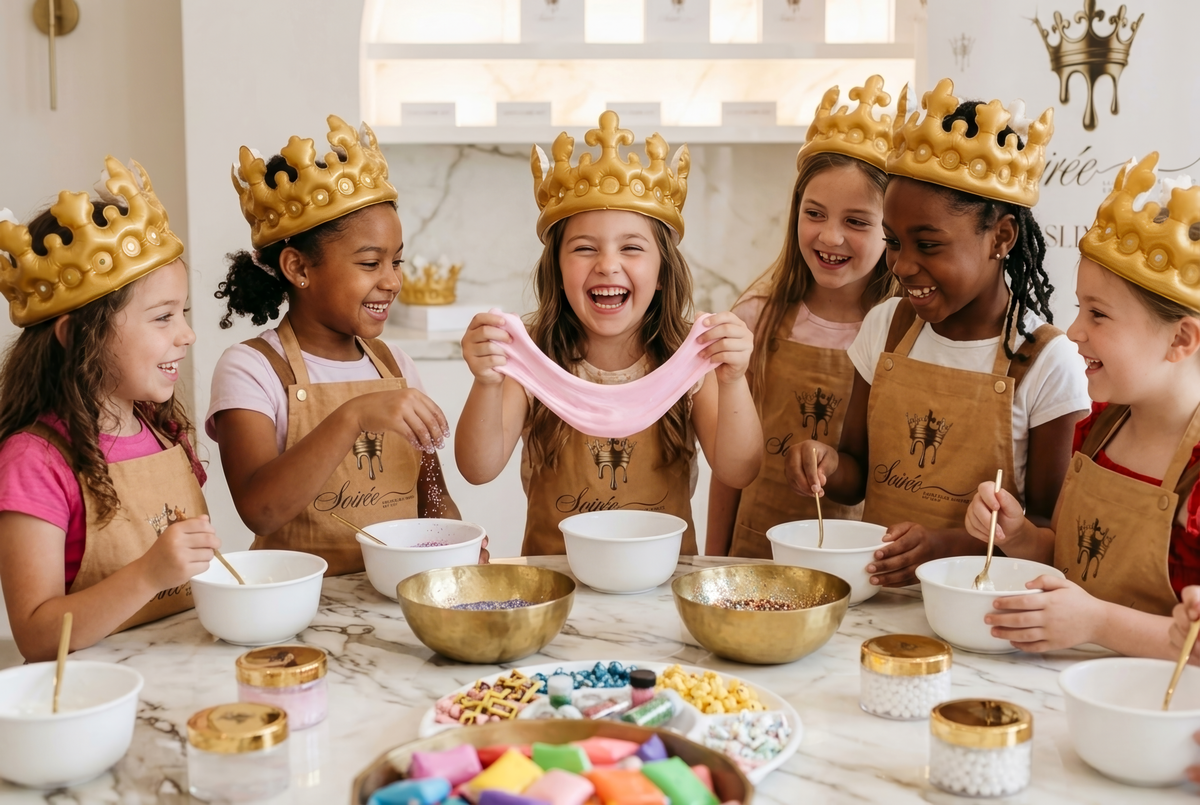 Children in gold crowns stretching pink slime around a marble Slime Soirée party table