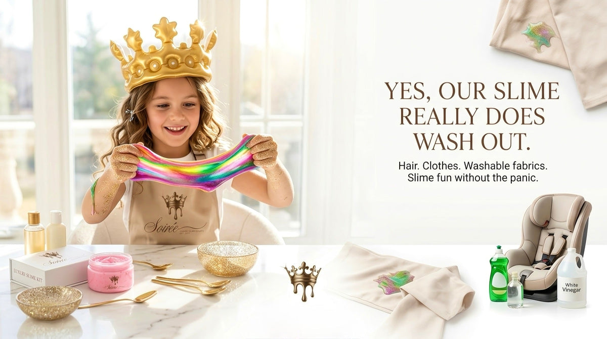 A child in a gold crown stretching rainbow slime, beside dish soap, white vinegar and a car seat