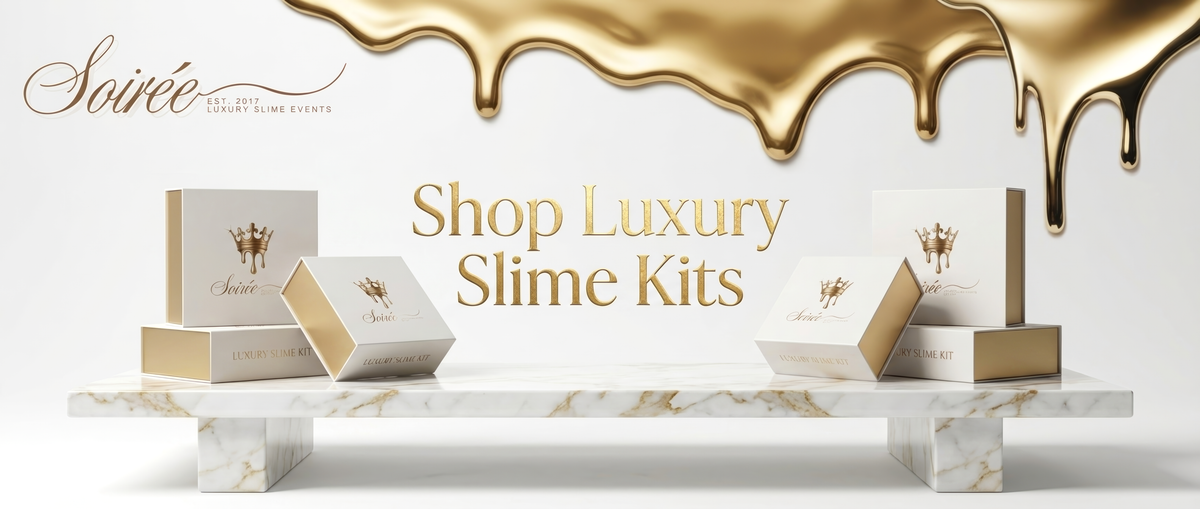 Shop luxury Slime Soirée slime kits, gold drip over marble with white and gold kit boxes